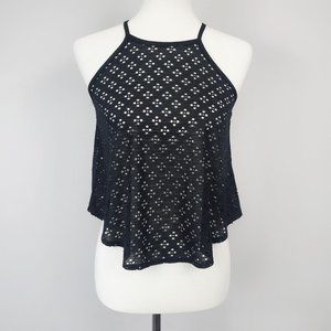 DG NY Black Eyelet Floral Open Back Knit Halter Top Women’s Size S Jrs.